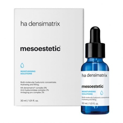 Produto ha densimatrix da mesoestetic em frasco azul com conta-gotas e caixa branca