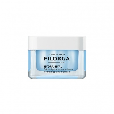 Frasco de creme hidratante FILORGA HYDRA-HYAL azul e branco