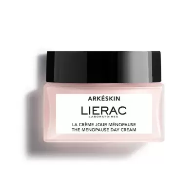 Frasco de creme de dia para menopausa Lierac Arkéskin cor de rosa e preto