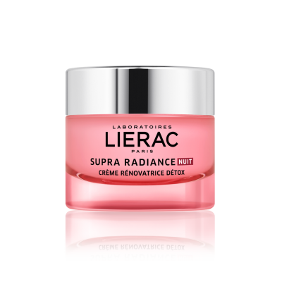 Frasco rosa de creme facial Lierac Supra Radiance Nuit com tampa prateada