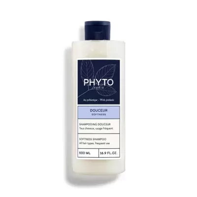 Frasco de champô Phyto Paris Douceur Softness azul e branco