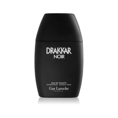 Frasco preto fosco de perfume Drakkar Noir da Guy Laroche com texto branco