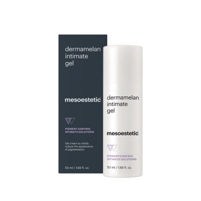 Gel dermamelan intimate gel da mesoestetic em embalagem branca com caixa preta