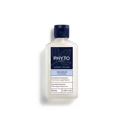 Frasco branco de shampoo Phyto Douceur Softness com tampa azul escura