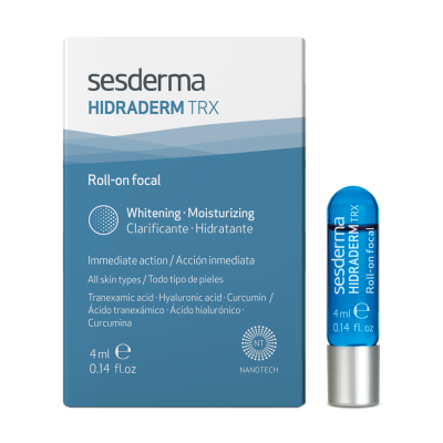 Embalagem e roll-on azul do Sesderma HIDRADERM TRX com texto sobre propriedades e ingredientes