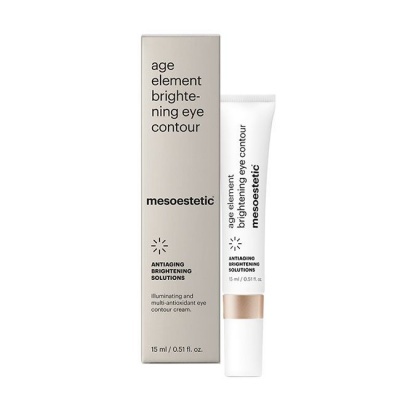 Creme para olhos mesoestetic age element brightening eye contour com embalagem branca e bege