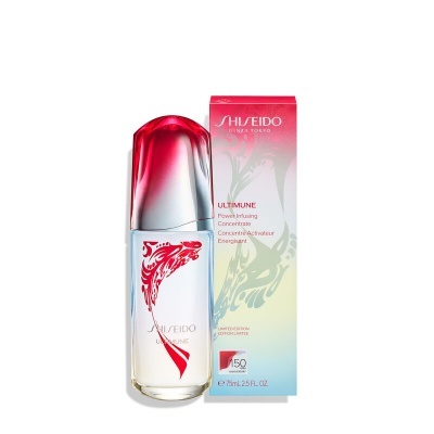 Frasco e caixa de Shiseido Ultimune Power Infusing Concentrate com tampa vermelha e texto em inglês
