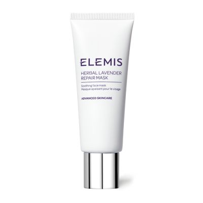 Tubo branco com tampa prateada de máscara facial ELEMIS Herbal Lavender Repair Mask, texto em inglês