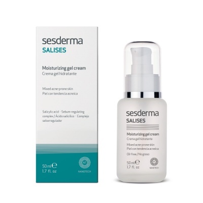 Creme gel hidratante Sesderma Salises 50 ml com texto e embalagem branca e verde.