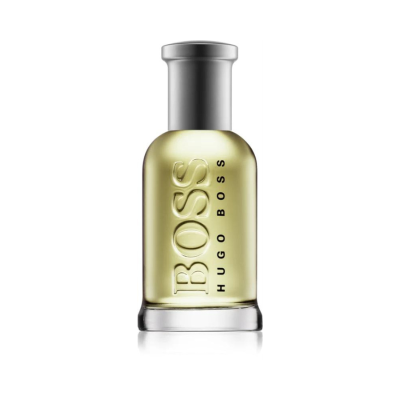 Frasco de perfume BOSS Hugo Boss com líquido amarelo e tampa prateada