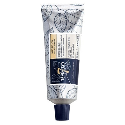 Tubo prateado com folhas desenhadas e tampa azul escura