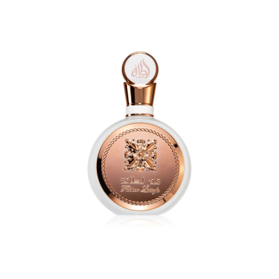 Frasco de perfume redondo branco com detalhes dourados e tampa translúcida