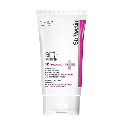 Tubo branco de creme anti-rugas StriVectin com texto em preto e rosa