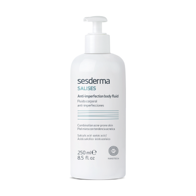 frasco branco com doseador Sesderma Salises fluido corporal anti-imperfeições