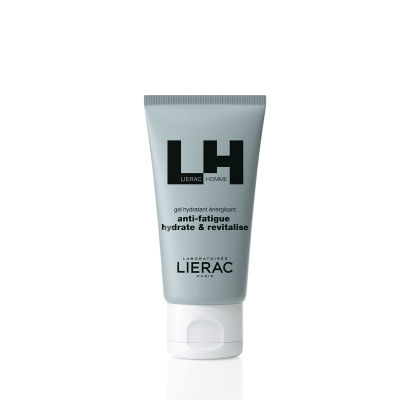 Tube de creme hidratante azul claro da LIERAC HOMME com texto preto