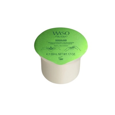 Frasco pequeno de creme hidratante facial WASO SHISEIDO com tampa verde e corpo branco