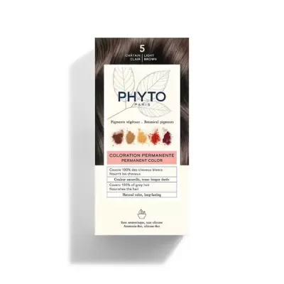 Caixa de tinta de cabelo Phyto Paris cor 5 castanho claro com pigmentos botânicos
