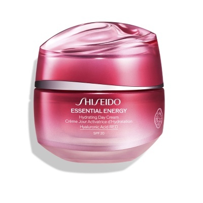 Frasco rosa e vermelho de creme Shiseido Essential Energy Hydrating Day Cream