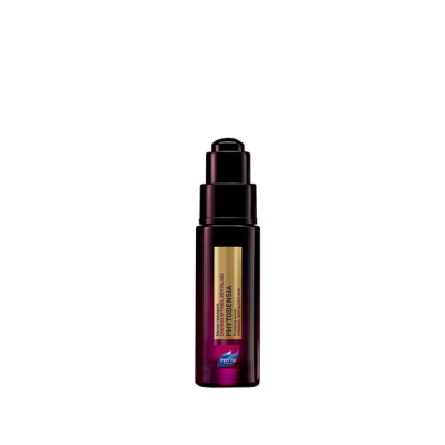 Frasco de vidro roxo escuro com doseador e rótulo dourado.