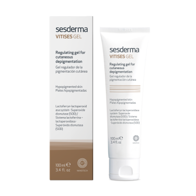 Gel Sesderma Vitises em tubo branco e caixa com detalhes castanhos.