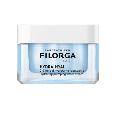 Frasco de creme hidratante FILORGA HYDRA-HYAL com rótulo preto e corpo azul