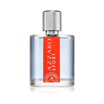 Frasco de perfume Azzaro Sport com líquido azul e tampa metálica prateada