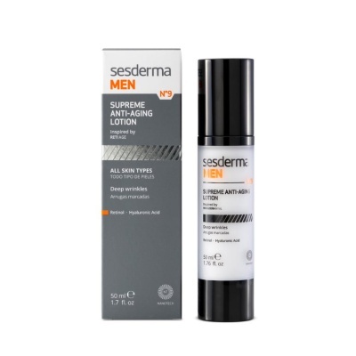 Loção anti-envelhecimento Sesderma MEN Supreme N°9 em embalagem cinzenta e branca