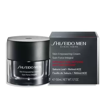 Creme facial Shiseido Men em pote preto com caixa preta