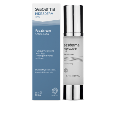 Creme facial Sesderma Hidraderm Hyal em embalagem azul e branca e frasco prateado