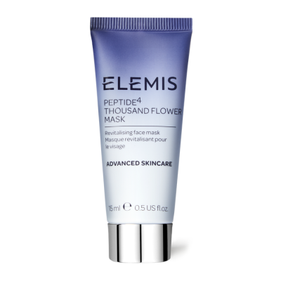 Frasco pequeno de máscara facial Elemis em roxo e branco com tampa prateada