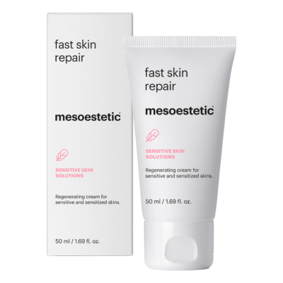 Creme fast skin repair da mesoestetic para peles sensíveis, em tubo branco com caixa branca