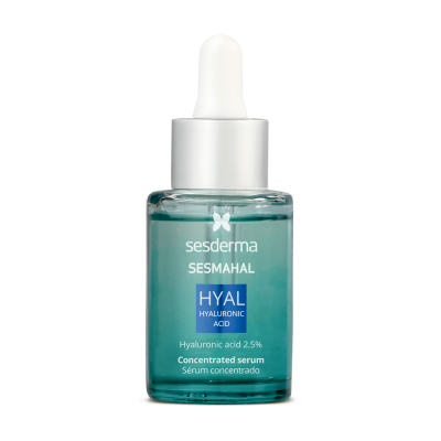 Frasco de sérum azul com conta-gotas branco e rótulo da Sesderma