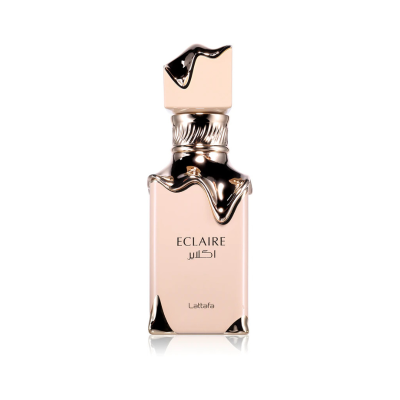 Frasco de perfume ECLAIRE da Lattafa cor de rosa com detalhes dourados
