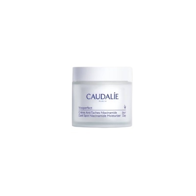 Frasco de creme hidratante Caudalie Vinoperfect branco com texto azul