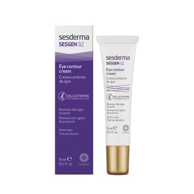 Creme para contorno de olhos Sesderma SESGEN 32 com embalagem roxa e branca e tubo com tampa dourada