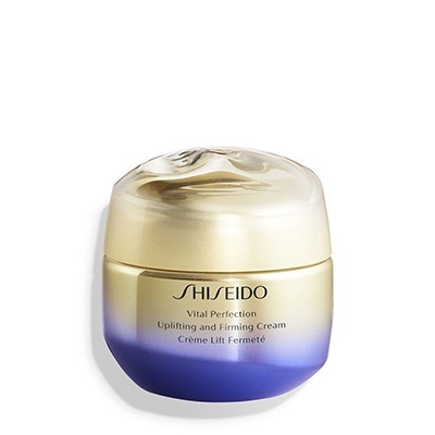 Frasco de creme facial Shiseido Vital Perfection em dourado e azul