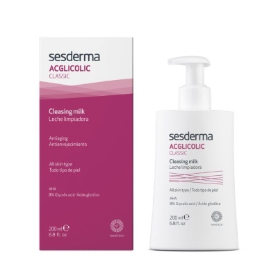 Frasco branco de leite de limpeza Sesderma Acloglicolic Classic com caixa roxa e branca ao lado