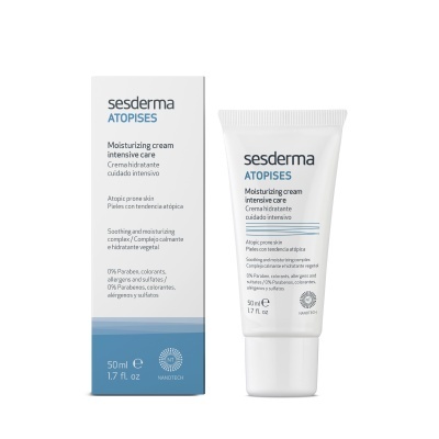 Creme hidratante intensivo Sesderma Atopises com tubo branco e caixa branca azul