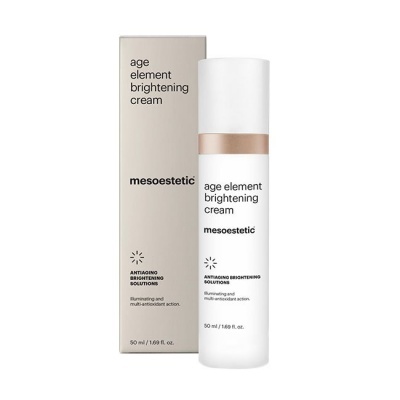 Creme clareador age element brightening cream da mesoestetic com embalagem e caixa com texto