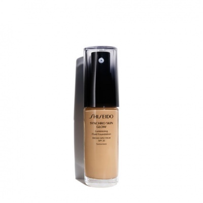 Frasco de base líquida Shiseido Synchro Skin Glow com doseador e tampa preta