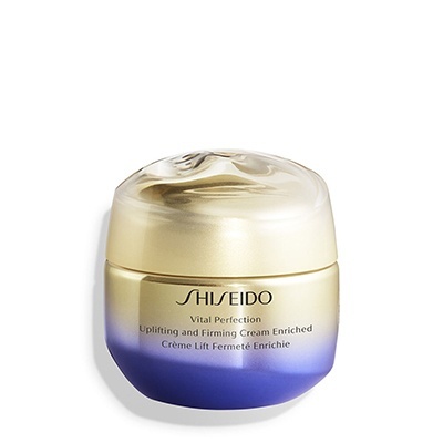 Frasco creme Shiseido Vital Perfection dourado e azul