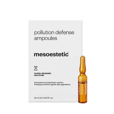 Pack de 10 ampolas mesoestetic pollution defense ampoules e ampola âmbar ao lado