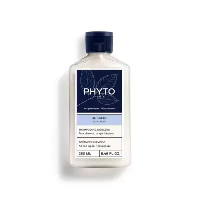 Frasco de shampoo Phyto Paris Douceur Softness com rótulo azul e branco