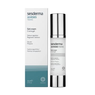 Produto Sesderma JUVESSES TEENS Gel cream para pele oleosa em embalagem branca e azul