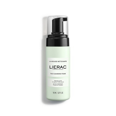 Frasco verde claro de espuma de limpeza facial LIERAC com dispensador preto