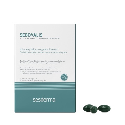 Embalagem de suplemento alimentar SEBOVALIS com cápsulas verdes