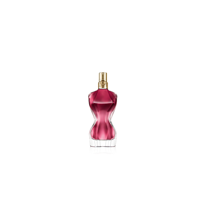 Frasco de perfume rosa escuro em vidro com forma de corpo feminino