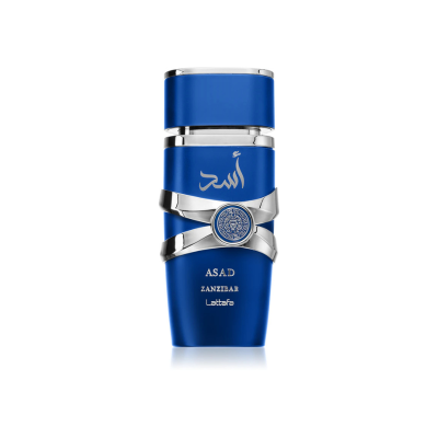 Frasco azul e prateado de perfume ASAD ZANZIBAR Lattafa