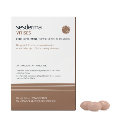 Suplemento alimentar Sesderma Vitises com cápsulas moles cor de bege ao lado.
