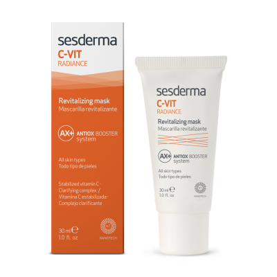 Produto Sesderma C-VIT RADIANCE máscara revitalizante com embalagem branca e caixa laranja e branca
